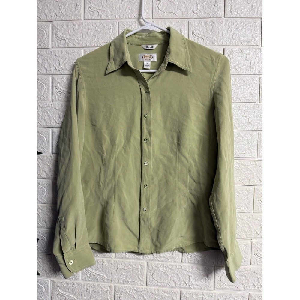 Talbots Pure Silk Blouse Green Button Up Stretch Size 10 Quiet Luxury Minimalist